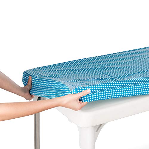 "TopTableCloth Blue Checkered Elastic Table Cloth for Picnic/Folding 6ft 30""x72"" Waterproof Party Table Cover"