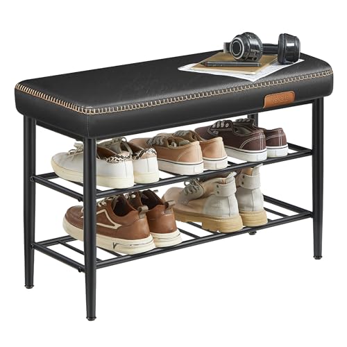 VASAGLE EKHO Collection - Shoe Bench, Storage Bench, Shoe Rack Bench Entryway, Synthetic Leather with Stitching, Mid-Century Modern, Loads 135 kg, 30 x 80 x 50 cm, Ink Black LSB054B02