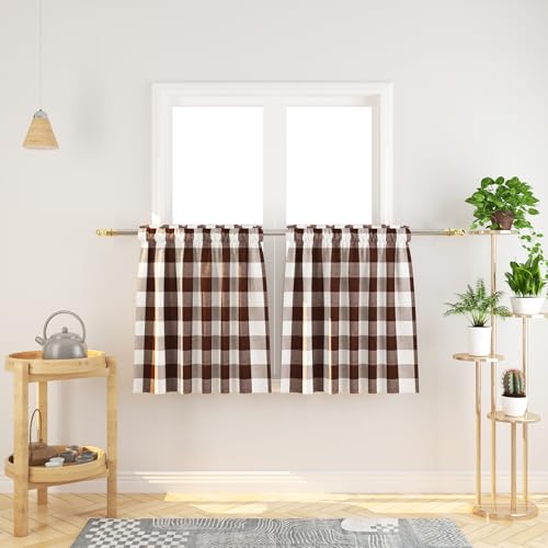 NATUS WEAVER Buffalo Check Kitchen Tier Curtains 24 inches Long Plaid Gingham Rod Pocket Classic Short Small Cafe Curtains Country Farmhouse Bathroom Half Window Curtains 2 Panels Brown & White