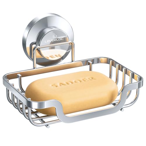 LEVERLOC Soap Dish, Soap Bar Holder for Shower Suction Cup Wall Mounted - Stainless Steel No-Drilling Removable Waterproof Sponge Holder for Bathroom Bathtub Kitchen Sink, Keep Dry, Silver