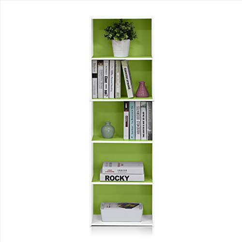 Furinno LUDER Book Shelf, 5-Cube Bookshelf, Bookcase with Open Shelf, 23.9 x 40.13 x 132.08 cm, for Living Room, Bedroom, Home Office, White/Green