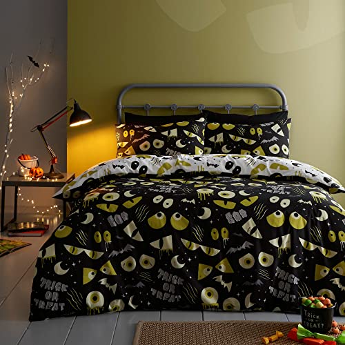 Bedlam - Halloween Spooky Eyes Duvet Cover - Single Bedding Size (140 x 200cm) - Reversible (2 Colours) - Glow in the Dark Bedding Set - Creepy Monster Eyes Duvet Cover - Halloween Decorations