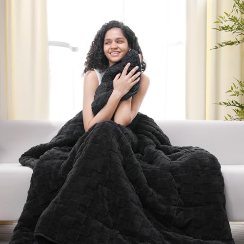 Drewin Weighted Blanket Queen Size 15lbs, Dual Sided Soft Cozy Jacquard Checkered Sherpa Weighted Blanket for Adults, Ultra-Soft Fluffy Heavy Blanket for Sofa Bed, 60 x 80 inches, Black