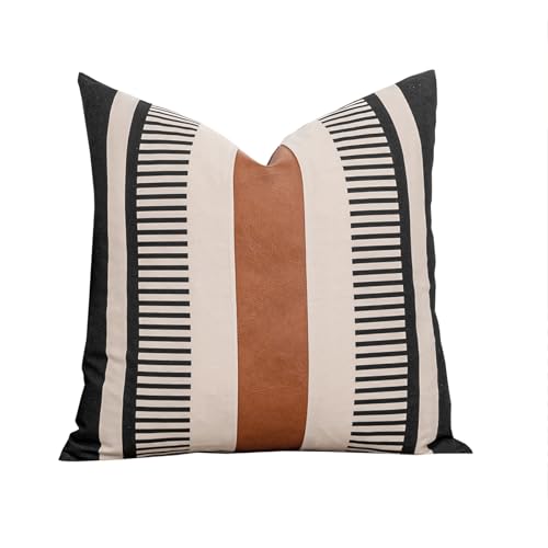 Vfuty Farmhouse Stripe Pillow Cover 18x18 Boho Accent Cushion Case Faux Leather Decorative Pillowcase,Black and Beige (Cover ONLY, Pack of 1)