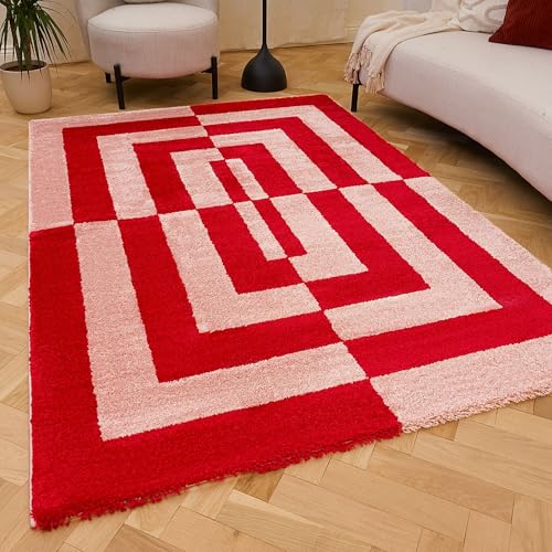 THE RUGS Joli Area Rug - Soft Dense Pile Modern Artistic Design, Durable & Easy Care Carpet for Living Room & Bedroom - Geometric Red & Pink, 160 x 230 cm