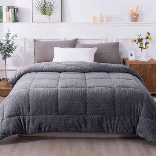 KASENTEX Super Ultra Soft Luxury Plush Sherpa Comforter, Cozy Reversible Fleece - Goose Down Alternative Fill, Machine Washable Bedding, Excalibur Grey, King Size