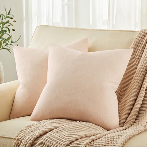 ZeeMart Rustic Linen Throw Pillow Covers Set of 2, Cream 18x18in - Textured Pillow Case, Rustic Cotton Linen Fabric, Modern Farmhouse Cushion Covers for Sofa Bed Living Room Home Decor