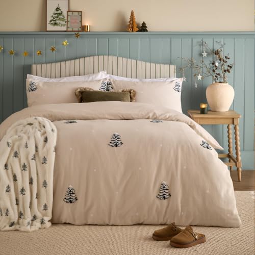 furn. Pine Tree Tufted Duvet Cover Set (Natural - Super King) - Tufted Pine Tree 100% Brushed Cotton Snowfall Festive Christmas Easy Care Bedding