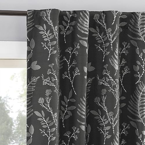 "Sun Zero Ambridge 2-Pack Embroidered Botanical Leaf Pleated Look 100% Blackout Back Tab Curtain Panel Pair, 50"" x 96"", Steel Gray"