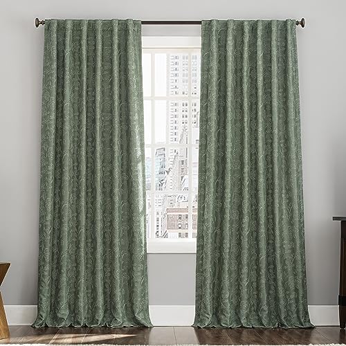 "Sun Zero Brookhaven 2-Pack Embroidered Floral Pleated Look 100% Blackout Back Tab Curtain Panel Pair, 50"" x 96"", Moss Green"