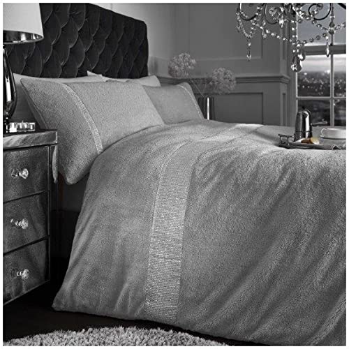 GC GAVENO CAVAILIA Luxurious Teddy Fleece Cosy Duvet Cover, Diamante Warm Bedding, Super Soft Sherpa Quilt Set, Polyester, Grey, King