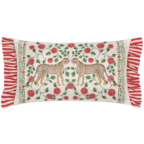 furn. Wylder Tropics Okara Leopards Printed Ruffle Feather Rich Cushion - Linen/Red - 30x50cm