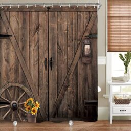 Riyidecor Farmhouse Wooden Barn Door Shower Curtain for Bathroom Decor 72Wx72H Rustic Wood Western Brown Sunflower Vintage Country Wheel Art Printed Fabric Polyester Waterproof 12 Pack Plastic Hooks