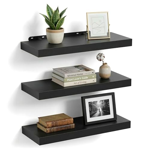 Relaxdays wall shelf, set of 3, HxWxD: 4 x 40 x 23 cm, wood-effect, metal, for living room, hallway, kitchen, black