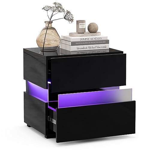 CASART LED Bedside Table, High Gloss LED Nightstand End Table with 2 Drawers and 20 Colors LED Light, Adjustable Brightness & Speed, Modern Accent Sofa Side Tables for Living Room Bedroom (1, Black)