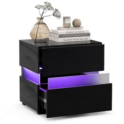 CASART LED Bedside Table, High Gloss LED Nightstand End Table with 2 Drawers and 20 Colors LED Light, Adjustable Brightness & Speed, Modern Accent Sofa Side Tables for Living Room Bedroom (1, Black)