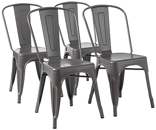 Amazon Basics Set of 4 Grey Metal Dining Chairs, with Backrest, Stackable, Bistro, Kitchen, Indoor & Outdoor, 51 x 43 x 85 cm