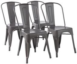 Amazon Basics Set of 4 Grey Metal Dining Chairs, with Backrest, Stackable, Bistro, Kitchen, Indoor & Outdoor, 51 x 43 x 85 cm