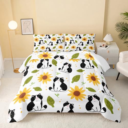 QOOMO Kawaii Cat Comforter Twin Size,Sunflower Cat Comforter Set for Kids Teens Girls Boys,3Pcs Bedding Set Printed Comforter with 2 Pillowcases,Down Alternative,Soft and Lightweight???Twin Size