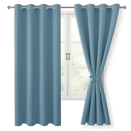 Hiasan Blackout Curtains for Bedroom, 52 x 63 Inches Length - Thermal Insulated & Light Blocking Window Curtains for Living Room, 2 Drape Panels Sewn with Tiebacks, Stone Blue