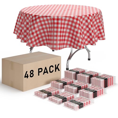 Exquisite Picnic Table Cover - 48 Pack Premium Round Plastic Tablecloth - Red & White Checkered BBQ Plastic Table Cover - Gingham Checkerboard Disposable Plastic Tablecloth 84 inch. Round