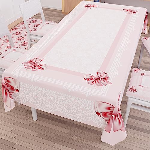 PETTI Artigiani Italiani - Stain Resistant Tablecloth Rectangular 140x450 cm 24 Seats, Wipe Clean Microfibre Kitchen Table Cover, Pink Bow Shabby Chic Design, 100% Made in Italy