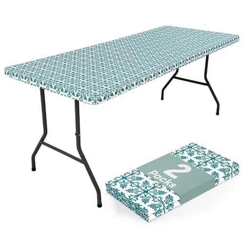"misaya 2 Pack 8 Foot Rectangle Picnic Tablecloth, Elastic Fitted Waterproof Table Cover, Windproof Washable Polyester Table Cloth for Camping, Indoor and Outdoor (Turquoise, 30"" x 96"")"