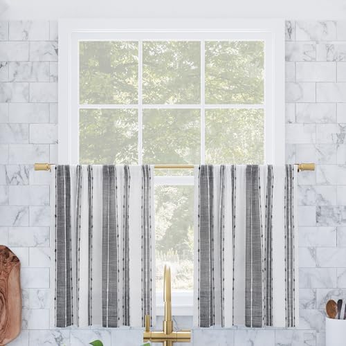 "Archaeo Cassidy Slub Texture Stripe Cotton Cafe Curtain Pair, 52"" x 24"" Kitchen Tier, Black/White"