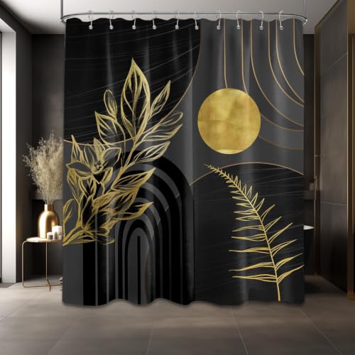 QGHOT Black and Gold Shower Curtain, 72x72 in, Mid Century Modern Cool - Dark Gray Theme, Boho Pattern Design, Abstract Geometric MCM Mens Bathroom Decor, Waterproof Polyester Fabric, with Hooks