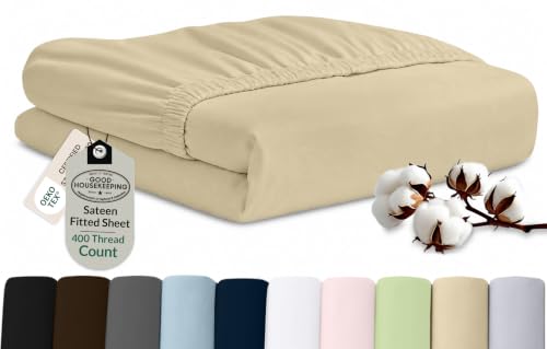 "Royale Linens 400 Thread Count Full Size Fitted Sheet Only - 100% Cotton Bed Fitted Sheet - Luxury Sateen Weave - All Around Elastic Deep Pocket - Soft & Durable Bottom Sheets - Fit Up to 16"" (Sand)"