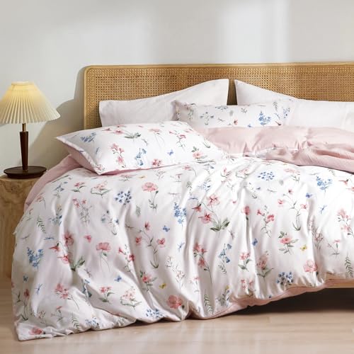 "PHF Ultra Soft Floral Duvet Cover Queen Size, Printed Bedding Set 3 Pieces, Comfy Durable Farmhouse Duvet Cover Set with 2 Pillow Shams, Zipper Closure and 8 Ties, 90""x90"", White & Pink"
