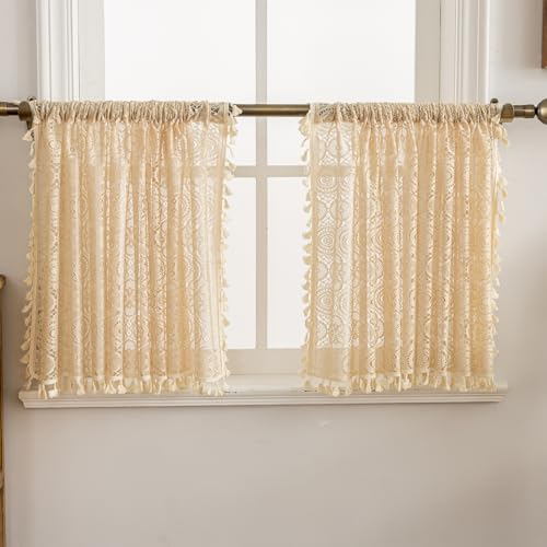 "YJ YANJUN Boho Cafe Curtains 24 inch Length 2 Panels,Each 59"" W x 24"" L, Beige Crochet Kitchen Window Curtains Over Sink Farmhouse Mini Tier Curtain Panels for Laundry Room Basement Bathroom RV"
