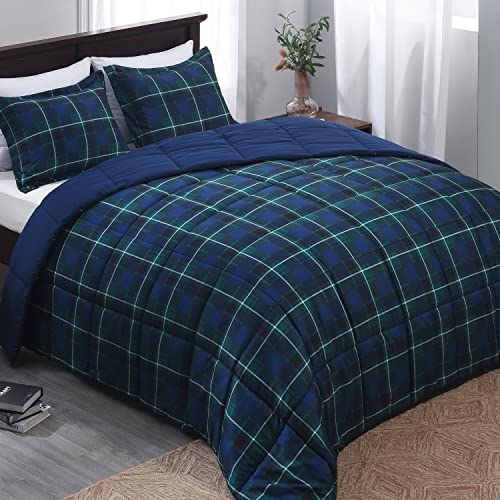"Basic Beyond Queen Comforter Set - Navy and Green Buffalo Plaid Comforter Set Queen Down Alternative Bed Comforter Queen Set for All Season(1 Comforter with 2 Pillow Shams, 88"" x 92"")"
