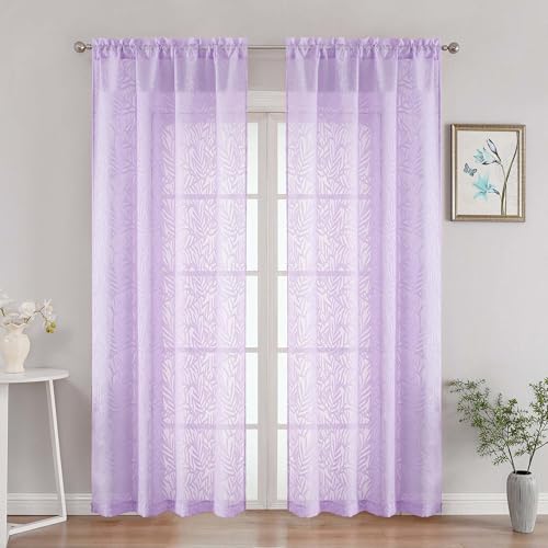 OVZME Textured Sheer Curtains 84 Inches Long 2 Panels Set, Light Filtering Leaf Jacquard Voile Semi Sheer Curtains for Bedroom, Dual Rod Pocket Farmhouse Window Drapes, Lavender, 2x42Wx84L Inches
