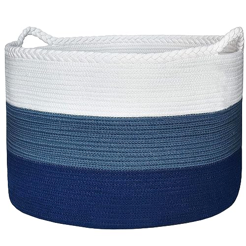 Casaphoria Stuffed Animal Storage, Woven Storage Basket, Laundry Hamper,Laundry Basket, 21.7*21.7*13.8in Clothes Basket, Cotton Rope Basket, Blanket Basket Living Room (White&Cadet Blue& Navy Blue)