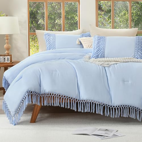 Andency Light Blue Comforter Set King, 3 Pieces Boho Tassel Bedding - Lightweight Soft Comforter Sets(104x90In) and 2 Pillowcases, All-Season Fluffy Fringe