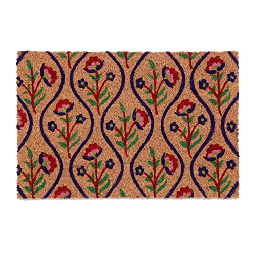 Relaxdays Coir Doormat, Flower Pattern, 60 x 40 cm, Non-Slip Welcome Mat, Weatherproof, Indoor & Outdoor, Multicoloured, Coco