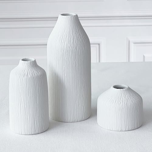 Boho Ceramic White Bud Vases by Kate Aspen (Set of 3) - Boho Flower Vase for Pampas Grass, Eucalyptus, Dry Flowers & Plants - Shelf Decor, Mantle Decoration, Modern Farmhouse Decor