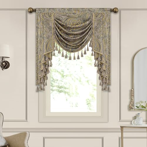 Loom and Mill European Antique Waterfall Valance for Living Room, Luxury Jacquard Damask Swag Valances with Tassels, Taupe Gold Swag Curtains for Bedroom Window Holiday Decor(W39 Inch,1 Panel)