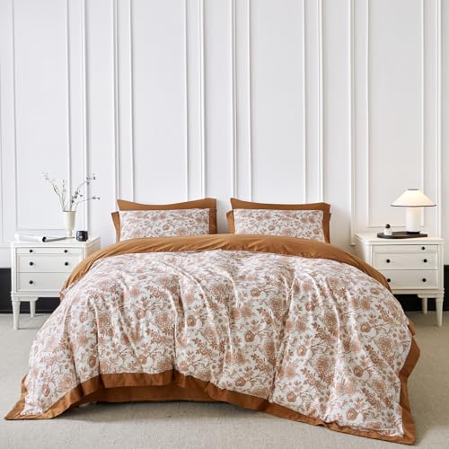 SUSYBAO Retro Floral Duvet Cover King 100% Cotton 3 Pieces Set 1 Garden Caramel Blossom Flower Duvet Cover with Zipper Ties 2 Pillow Shams Vintage Brown Hemmed Botanical Bedding Set Soft