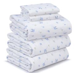 Ruvanti 100% Cotton Percale Sheets - Split King Size Bed Sheet Set, 5 Pcs, 1 Flat Sheet, 2 Fitted Sheets, 2 Pillow Cases, Blue Floral, Modern, Unisex, All Seasons