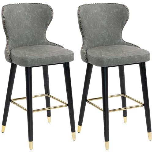 HOMCOM Bar Stools Set of 2, PU Leather Barstools with Backrest, Footrest and Solid Wood Legs, Dining Stools for Kitchen, Counter, Breakfast Bar, Grey