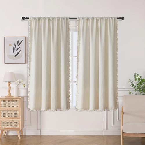 Joydeco Beige Boho Curtains 63 Inch Length 2 Panels, Super Soft Bohemian Farmhouse Curtains with Tassels, Semi Sheer Light Filtering Drapes for Bedroom Living Room (Rod Pocket, 52Wx63L)