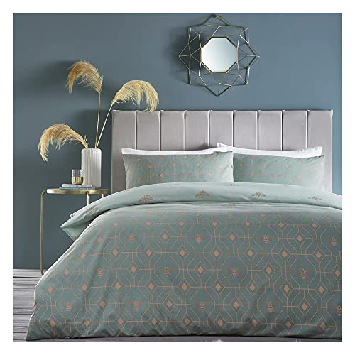 furn. Bee Deco Duvet Cover Set - Honeycomb Geometric Bumble Bee Reversible Bedding (Eau De Nil - Single)