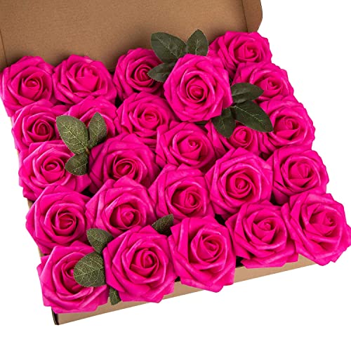 Exoment 25pcs Artificial Flower Foam Rose Real Touch Roses Flower Heads with Stem for DIY Wedding Bouquets Centerpieces Arrangements Party Baby Shower Home Decor (Hot Pink)