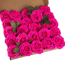 Exoment 25pcs Artificial Flower Foam Rose Real Touch Roses Flower Heads with Stem for DIY Wedding Bouquets Centerpieces Arrangements Party Baby Shower Home Decor (Hot Pink)