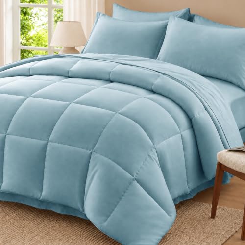 Anluoer Full Size Comforter Sets, 7 Piece Bed in a Bag Full Bedding Sets - Solid Light Blue, Lightweight, All Season,OEKO-TEX Certified, Down Alternative Comforter, Breathable sheets & pillowcases
