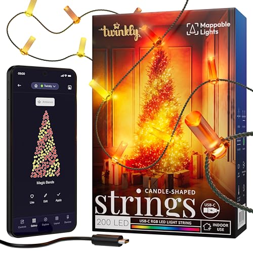 Twinkly Strings USB-C Candle 200 LED, Candle-Shaped LED Light String, Christmas Lights, RGB Multicolor LED Lights, Mappable LEDs, Compatible with Alexa, Google Home, USB-C Power, Green Wire, 12m