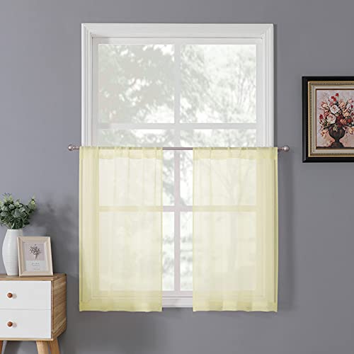 Tollpiz Short Sheer Tier Curtains Linen Textured Half Kitchen Curtain Sheers Light Filtering Rod Pocket Voile Small Curtain for Bathroom, 25 x 24 inches Long, Transparent Yellow, Set of 2 Panels