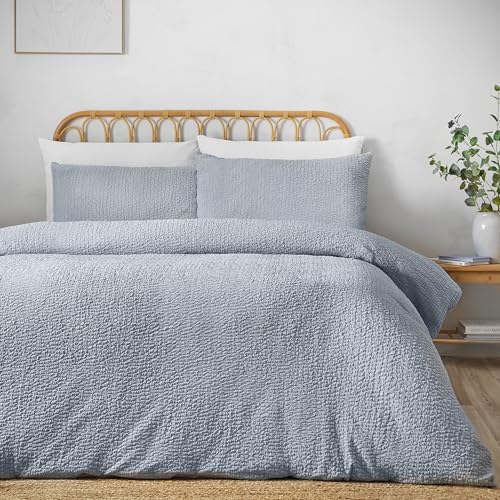 Catherine Lansfield Crinkle Seersucker Single Duvet Cover Set with Pillowcase Blue